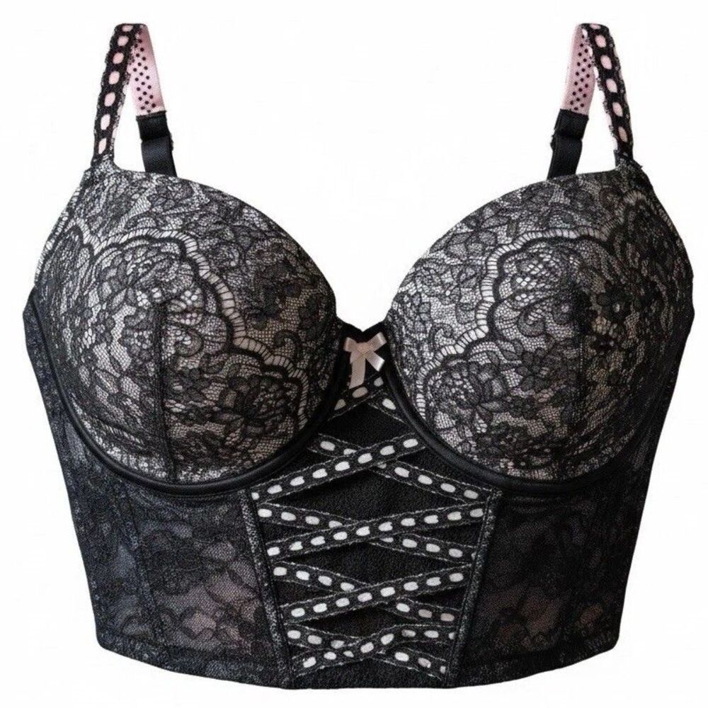 Victoria’s Secret Longline Bustier Bra Black Lace Corset M DD E80 NWT